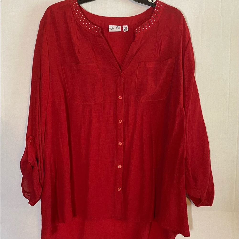 Kim Rogers 2X red crepe roll-sleeve top